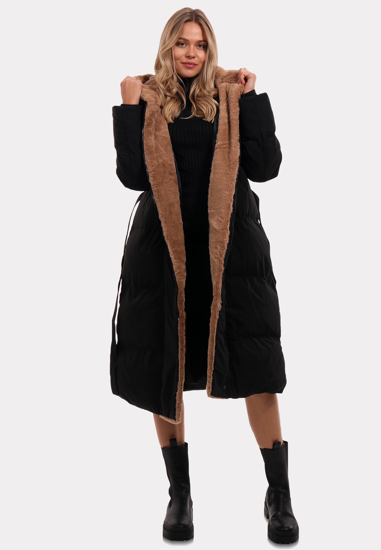Luxuriöser Damen Mantel mit Kunstpelzbesatz und Kapuze