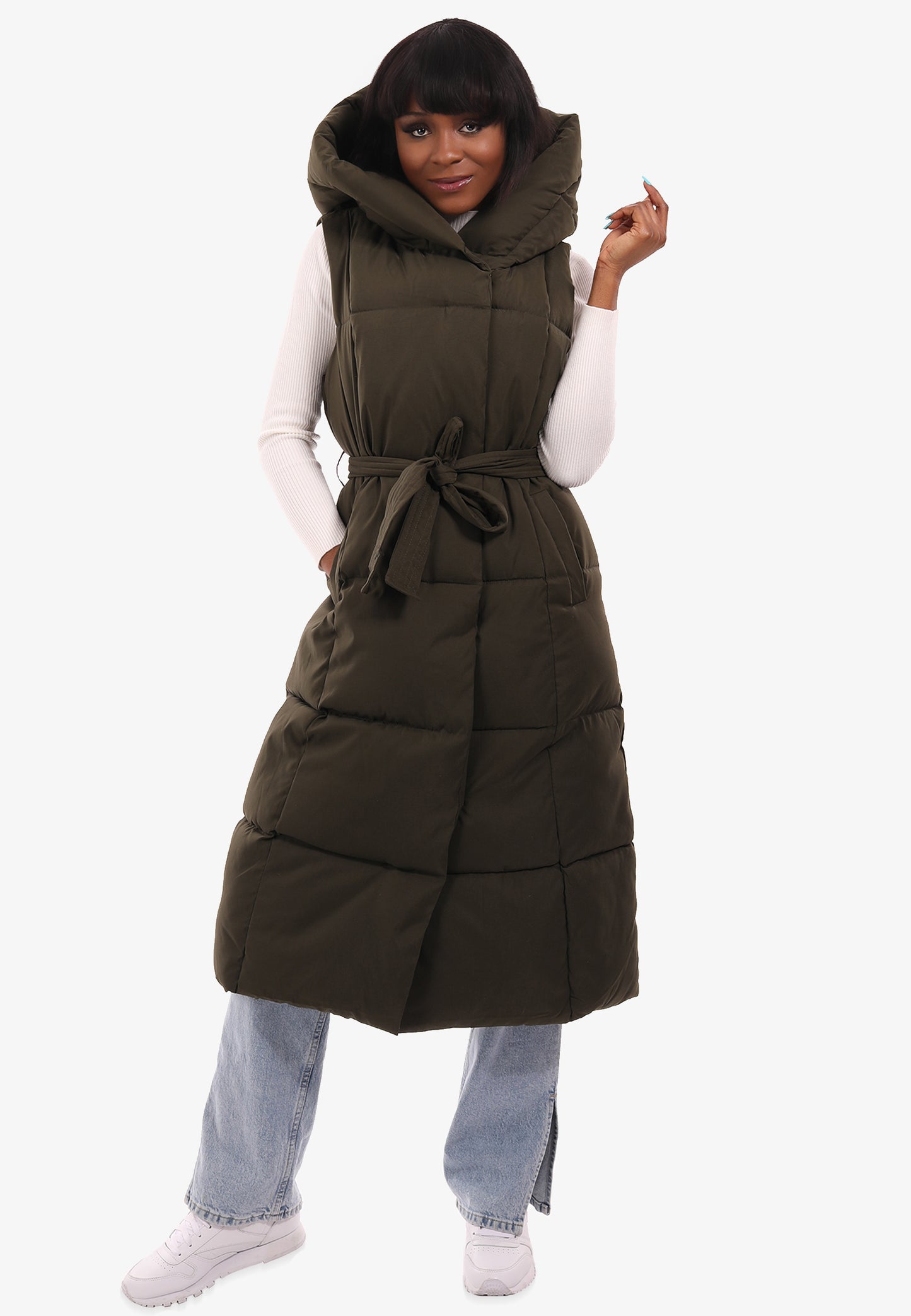 Lange Steppweste mit XXL Kapuze und Taillengürtel mit Kapuze