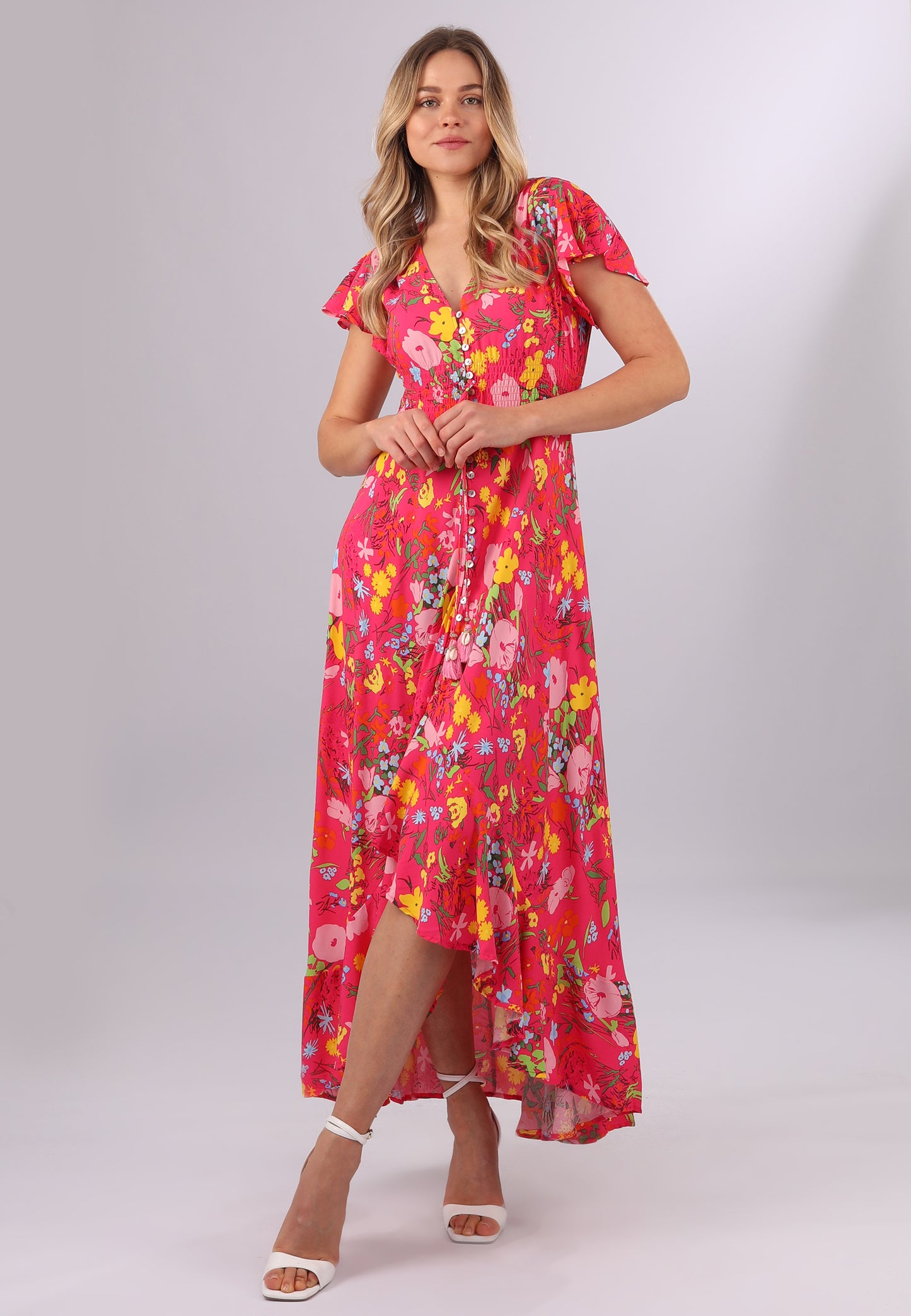 Maxikleid mit Blumenmuster und Vokuhila-Schnitt in Lachsrot