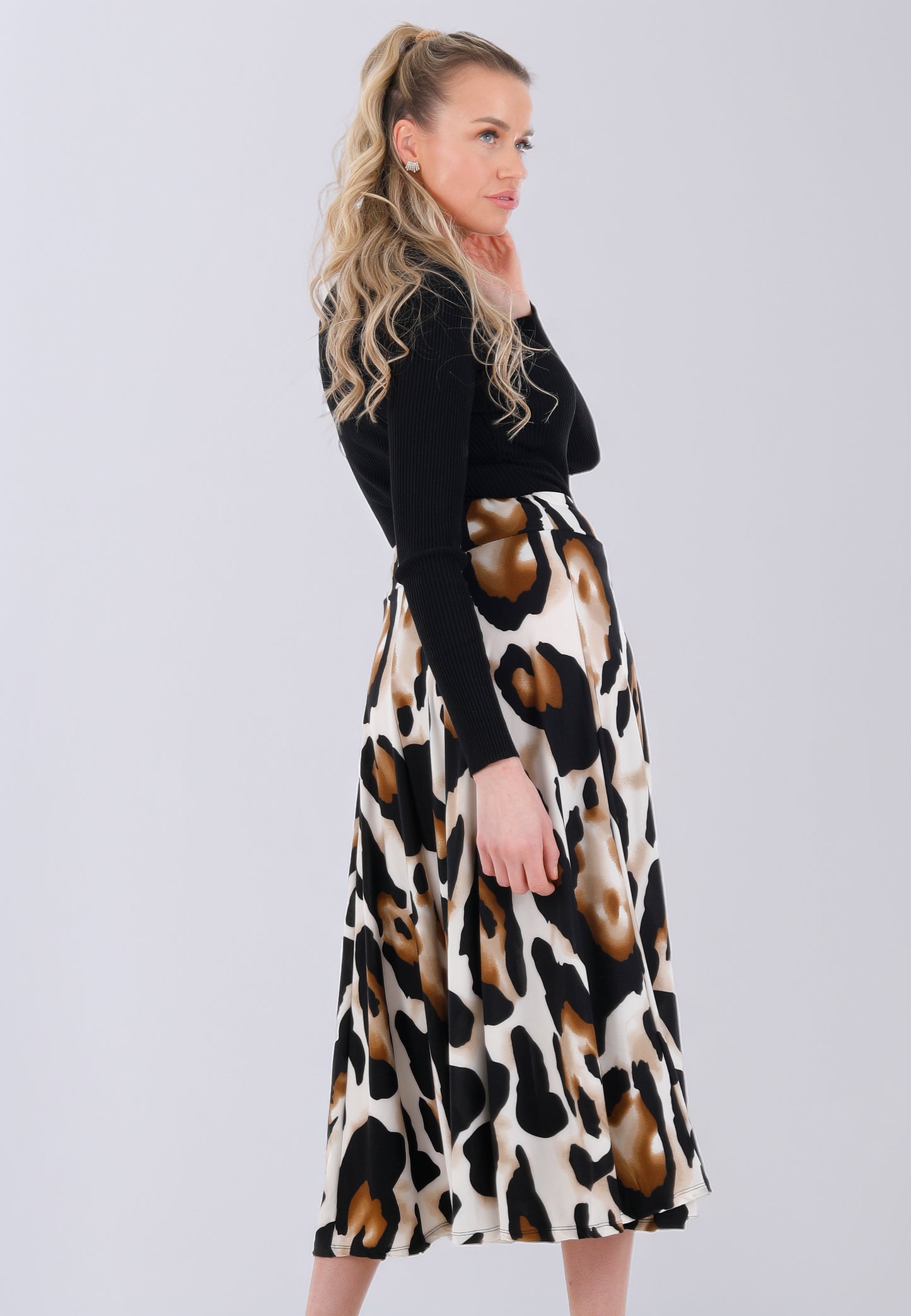 Midirock High-Waist mit Animal-Print