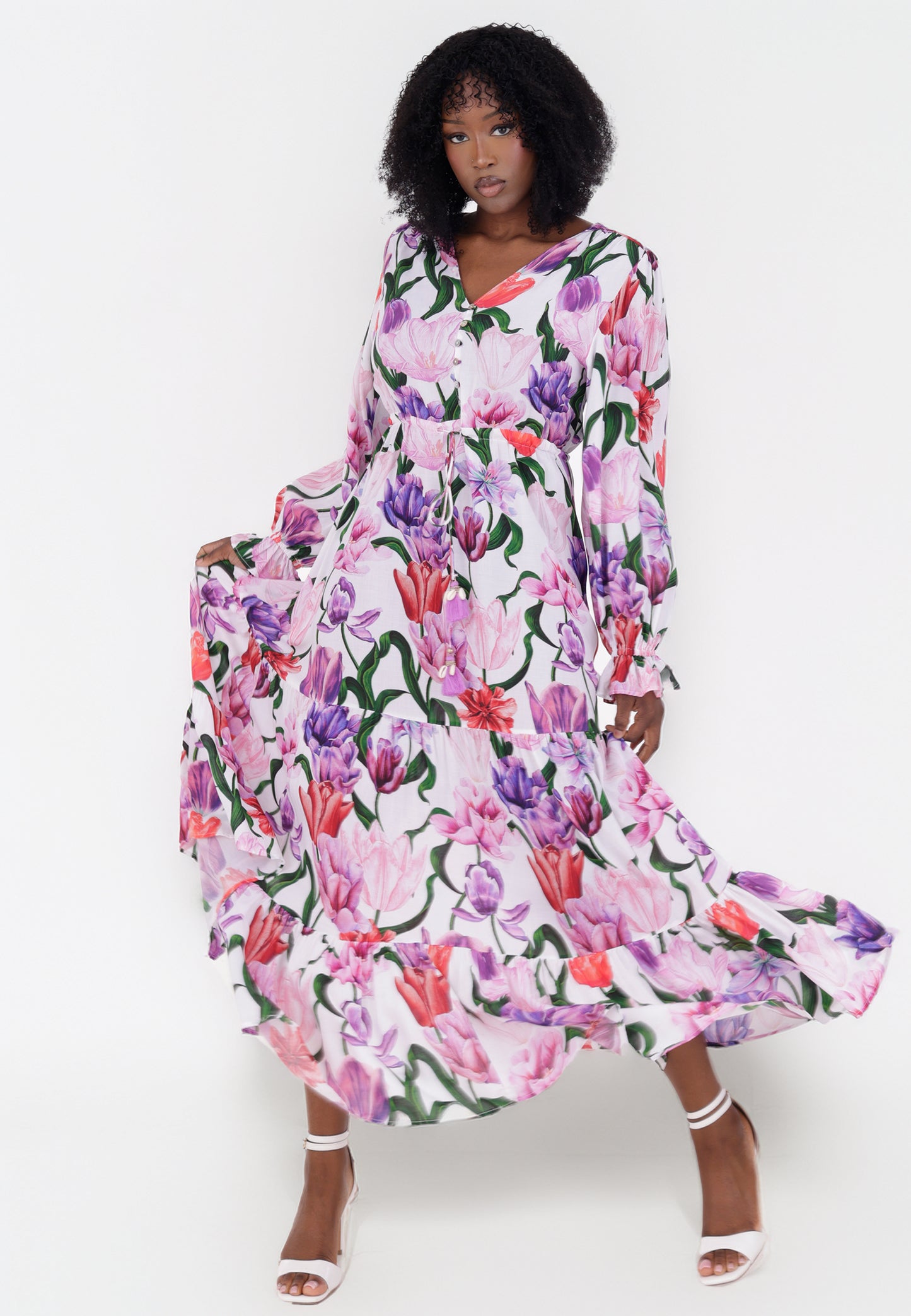 mit Blumenprint, V-Ausschnitt und Bindegürtel,