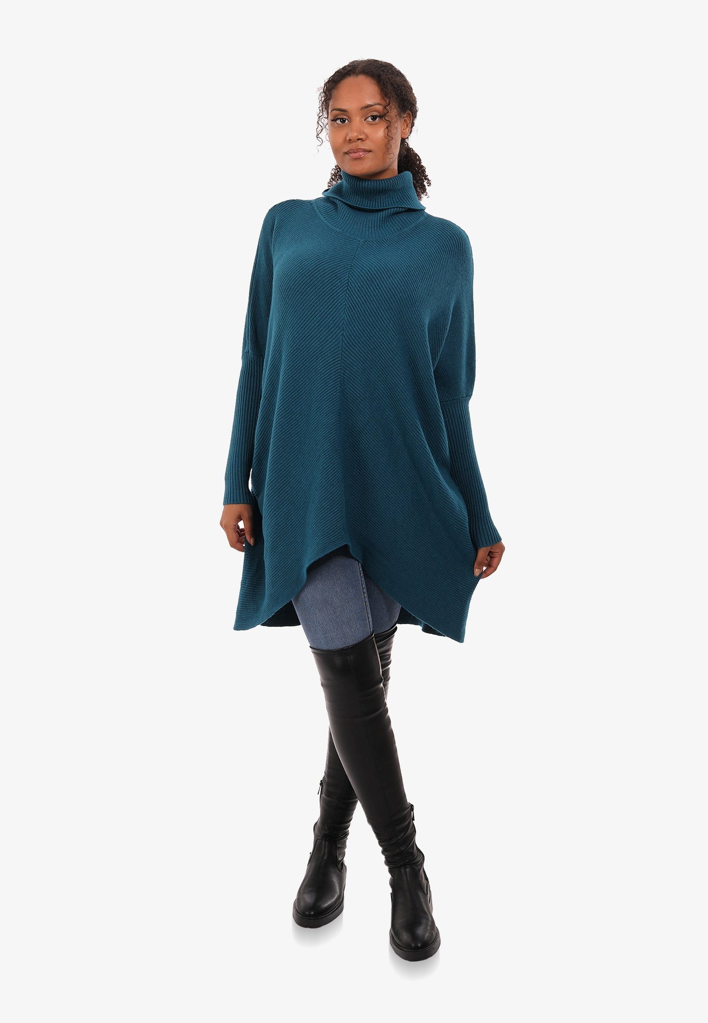 Longpullover Strickpullover asymmetrisch mit Rollkragen
