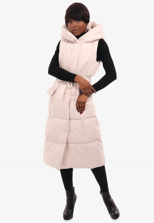 Lange Steppweste mit XXL Kapuze und Taillengürtel mit Kapuze