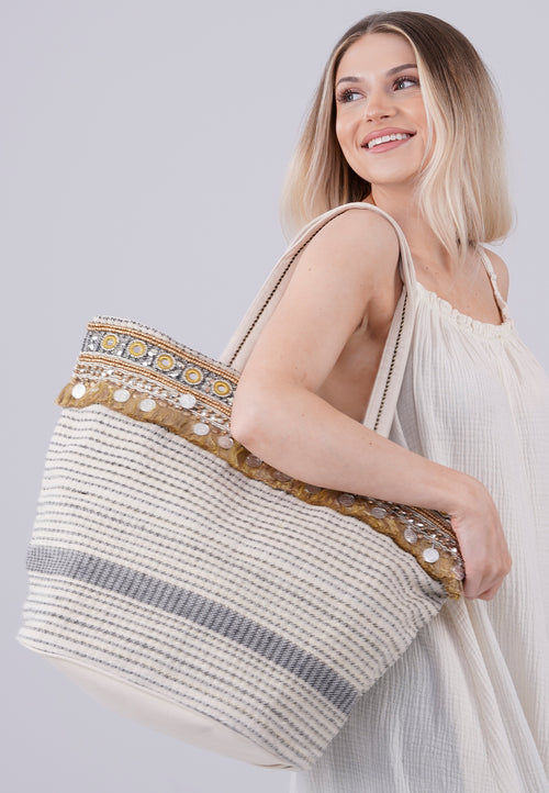 XL-Strandtasche Hippie-Indische Baumwolltasche in Creme