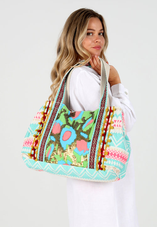 Hippie-Indische Handtasche mit farbenfrohen Stickereien