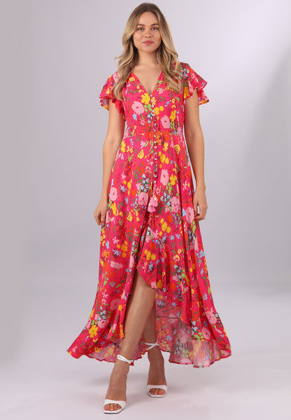Maxikleid mit Blumenmuster und Vokuhila-Schnitt in Lachsrot