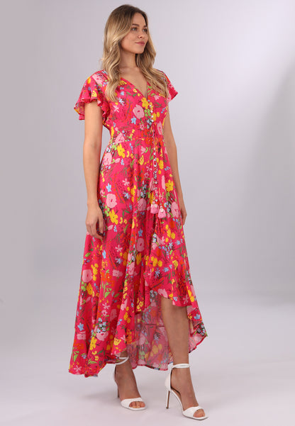 Maxikleid mit Blumenmuster und Vokuhila-Schnitt in Lachsrot