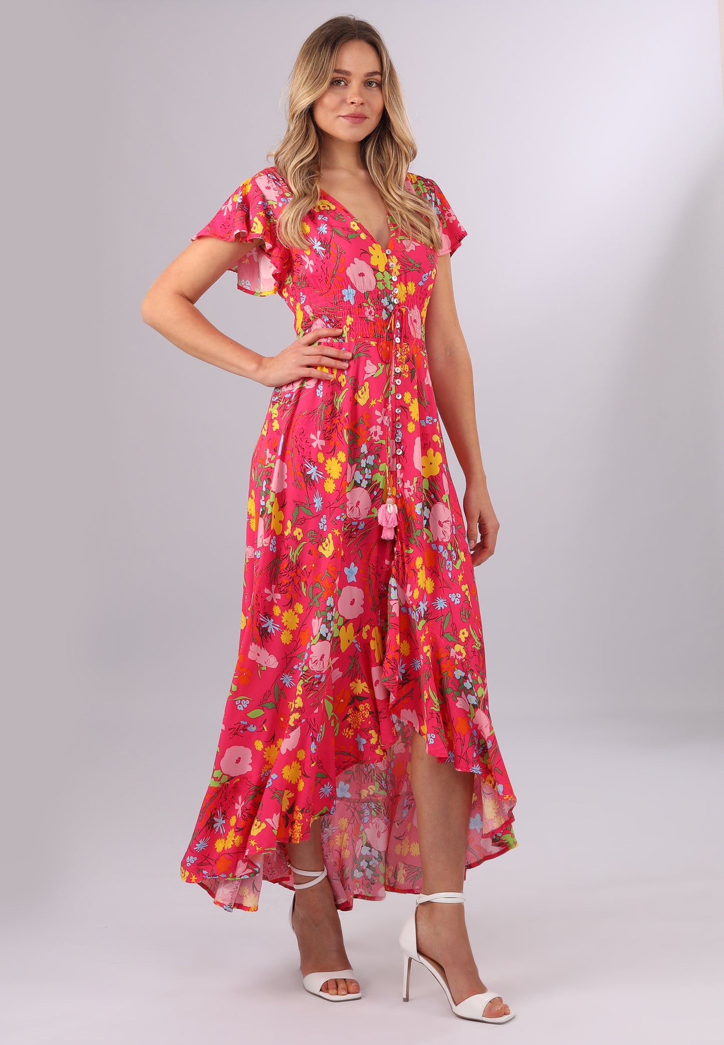 Maxikleid mit Blumenmuster und Vokuhila-Schnitt in Lachsrot