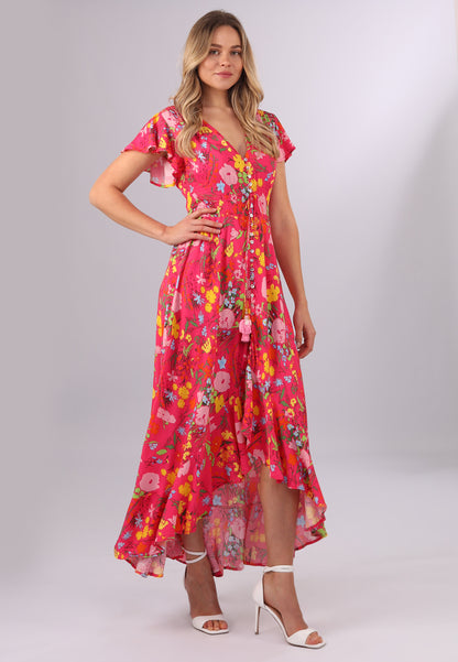 Maxikleid mit Blumenmuster und Vokuhila-Schnitt in Lachsrot