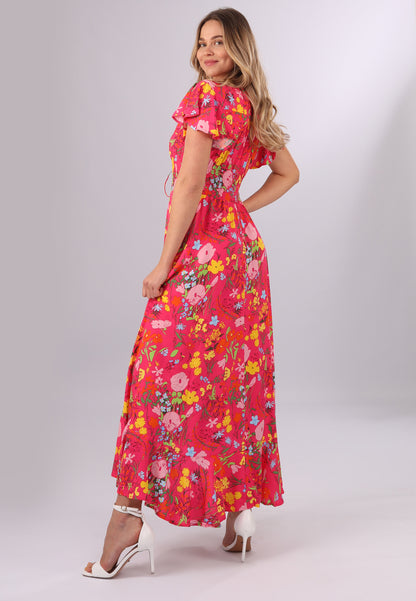Maxikleid mit Blumenmuster und Vokuhila-Schnitt in Lachsrot
