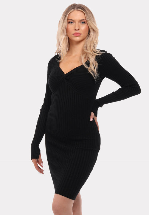 Figurschmeichelndes Geripptes Strickkleid in Wickeloptik mit Tiefem Ausschnitt
