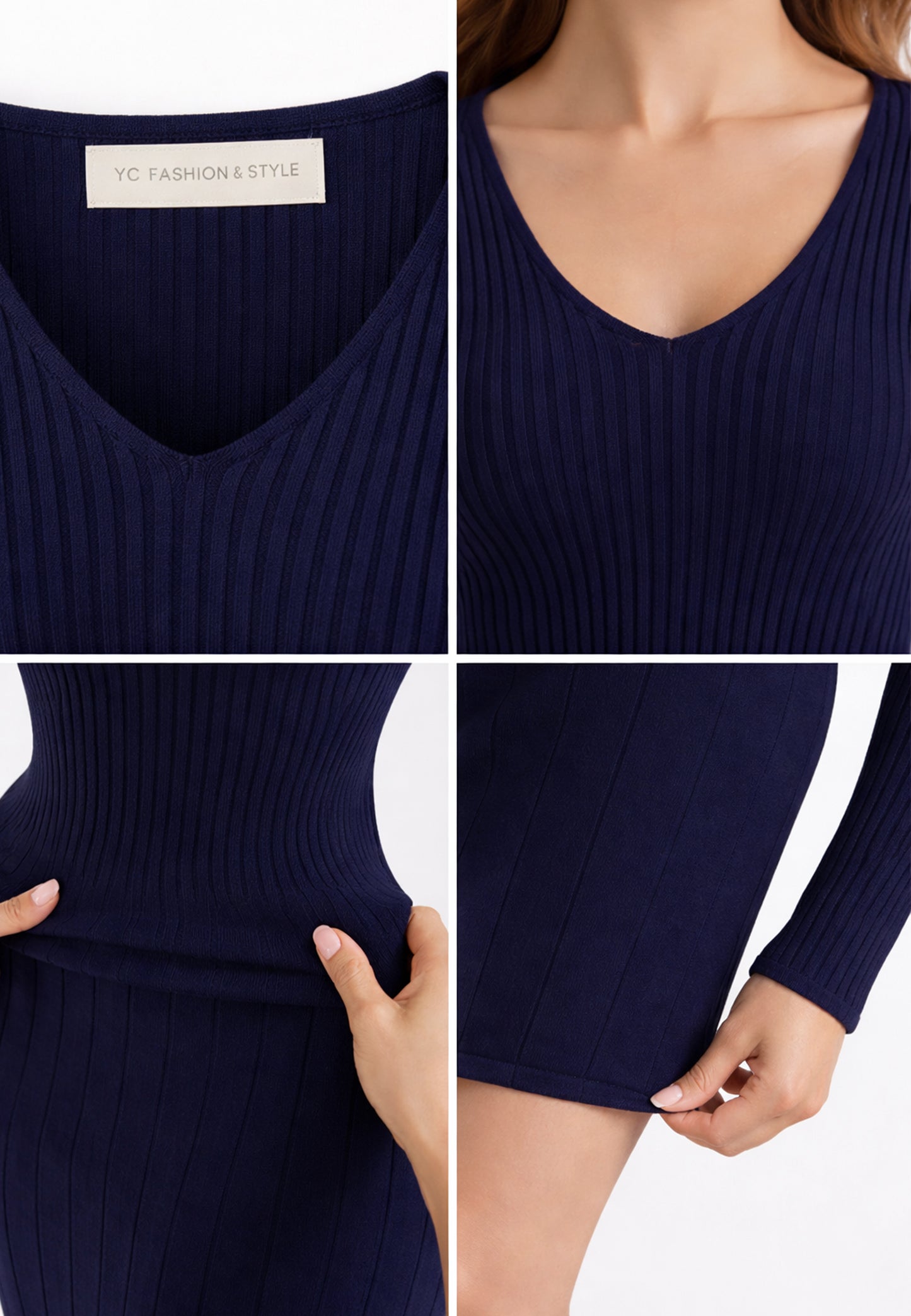 Strickkleid Elegantes Rippstrickkleid in Marineblau