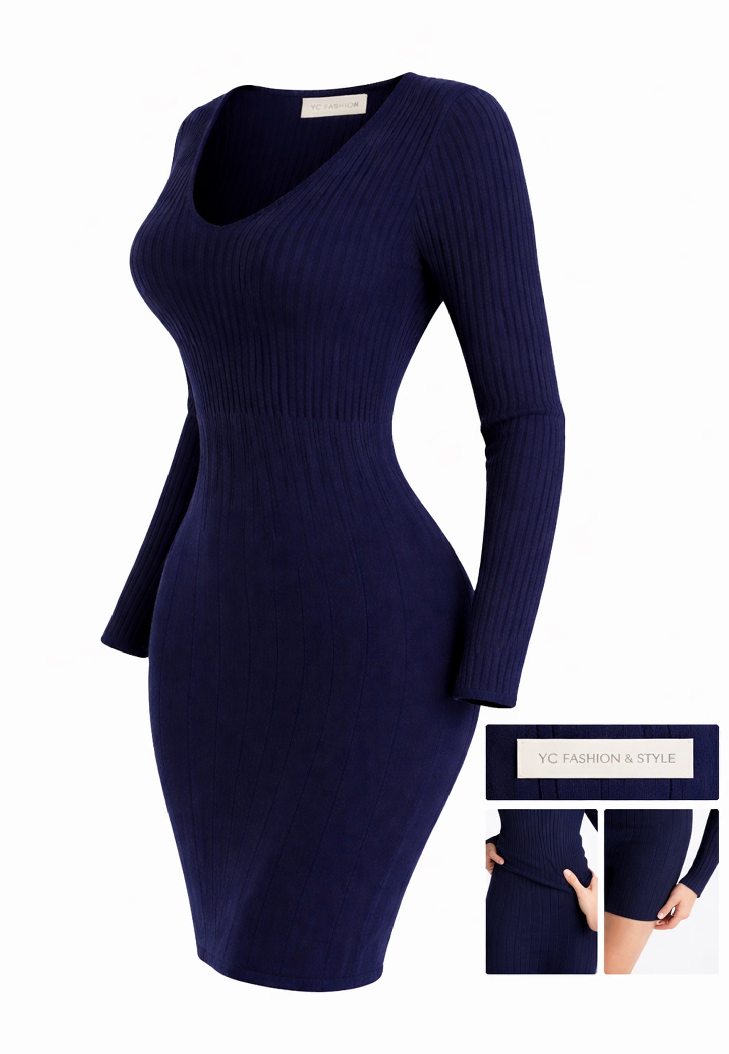 Strickkleid Elegantes Rippstrickkleid in Marineblau