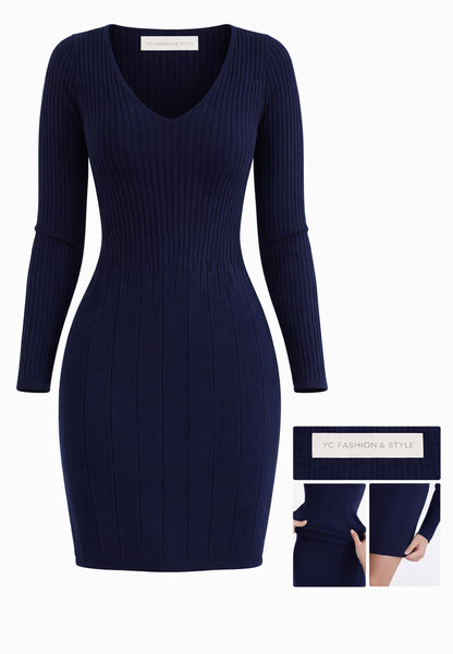 Strickkleid Elegantes Rippstrickkleid in Marineblau