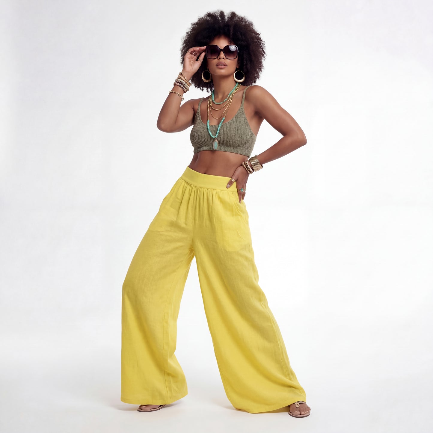 Leinenhose Palazzo Hose – mit elastischem Bund und Taschen