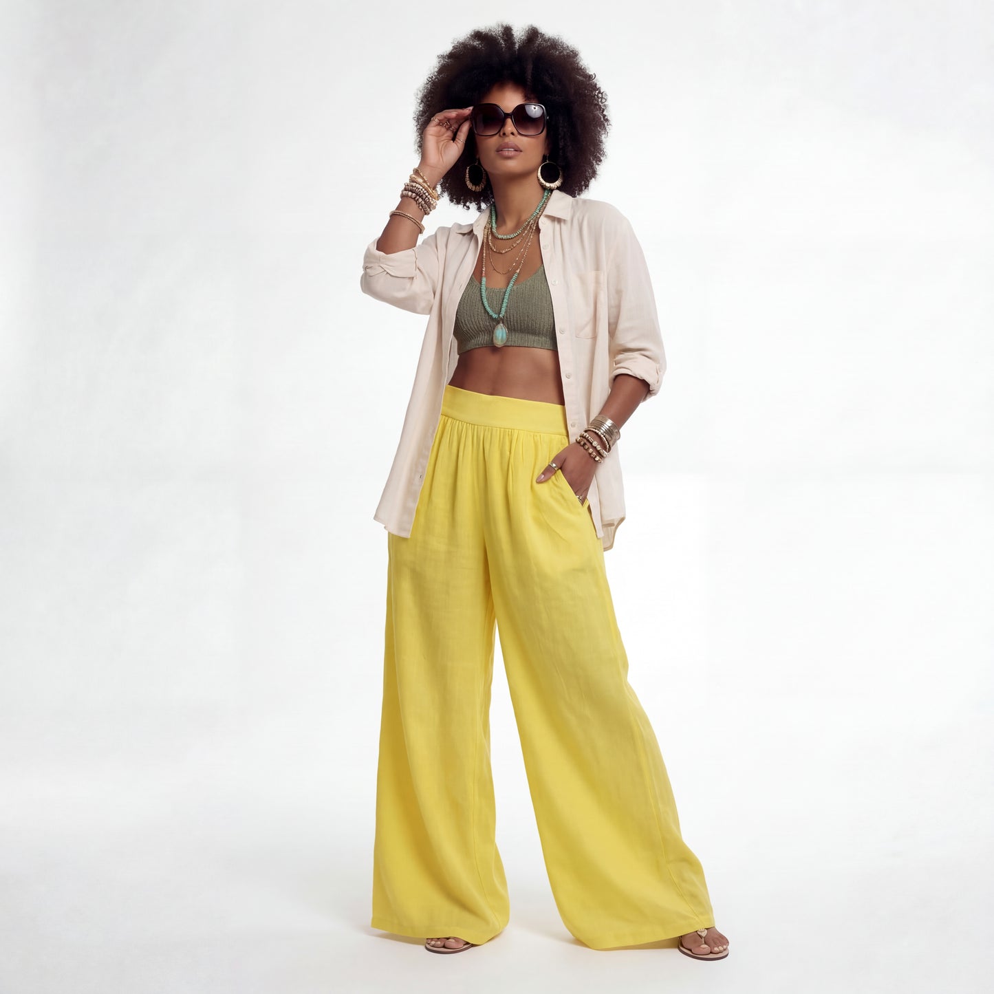 Leinenhose Palazzo Hose – mit elastischem Bund und Taschen