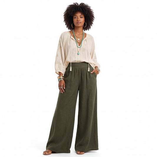 Leinenhose Palazzo Hose – mit elastischem Bund und Taschen