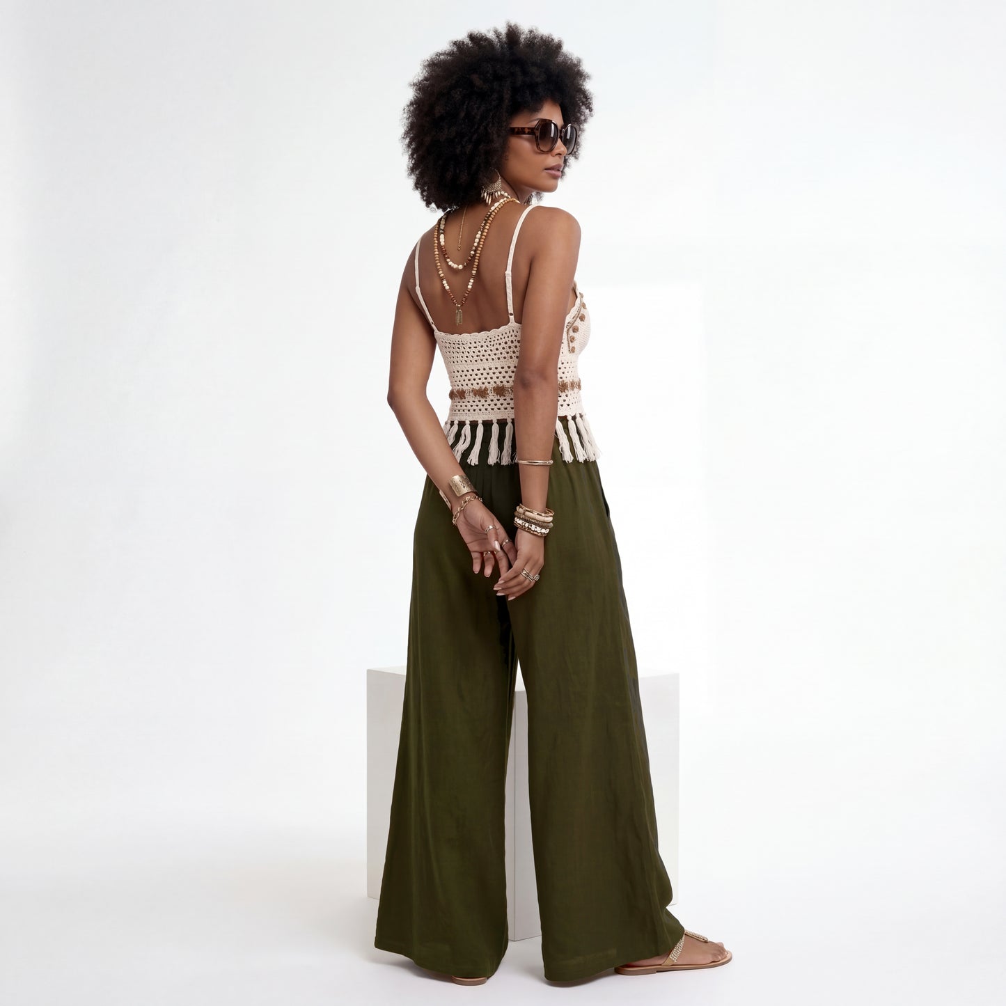 Leinenhose Palazzo Hose – mit elastischem Bund und Taschen
