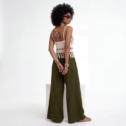 Leinenhose Palazzo Hose – mit elastischem Bund und Taschen
