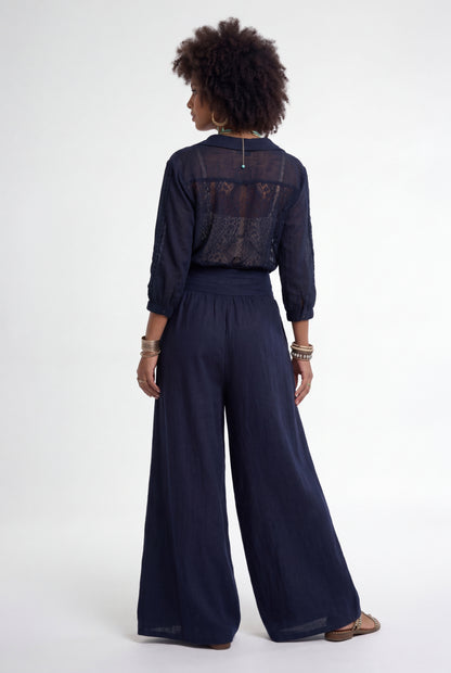 Leinenhose Palazzo Hose – mit elastischem Bund und Taschen