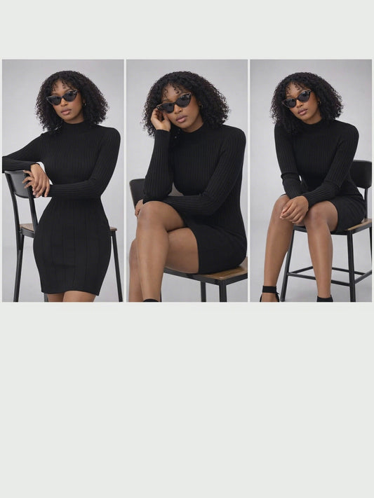 Elegantes Strickkleid – One Size (Gr. 34–42) Schwarz