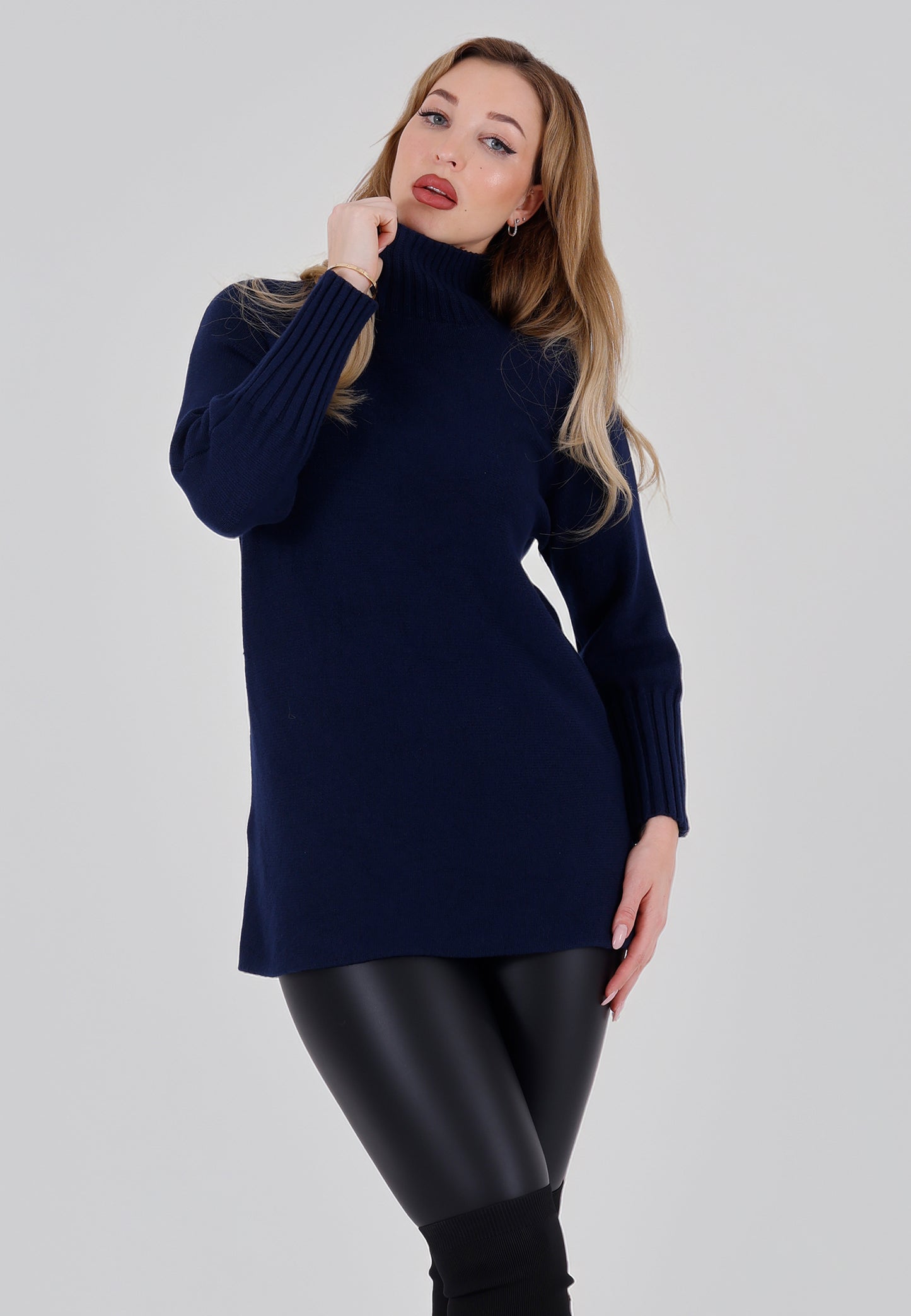 Strickpullover Feinstrick-Longpullover mit Stehkragen (One Size 34–42)