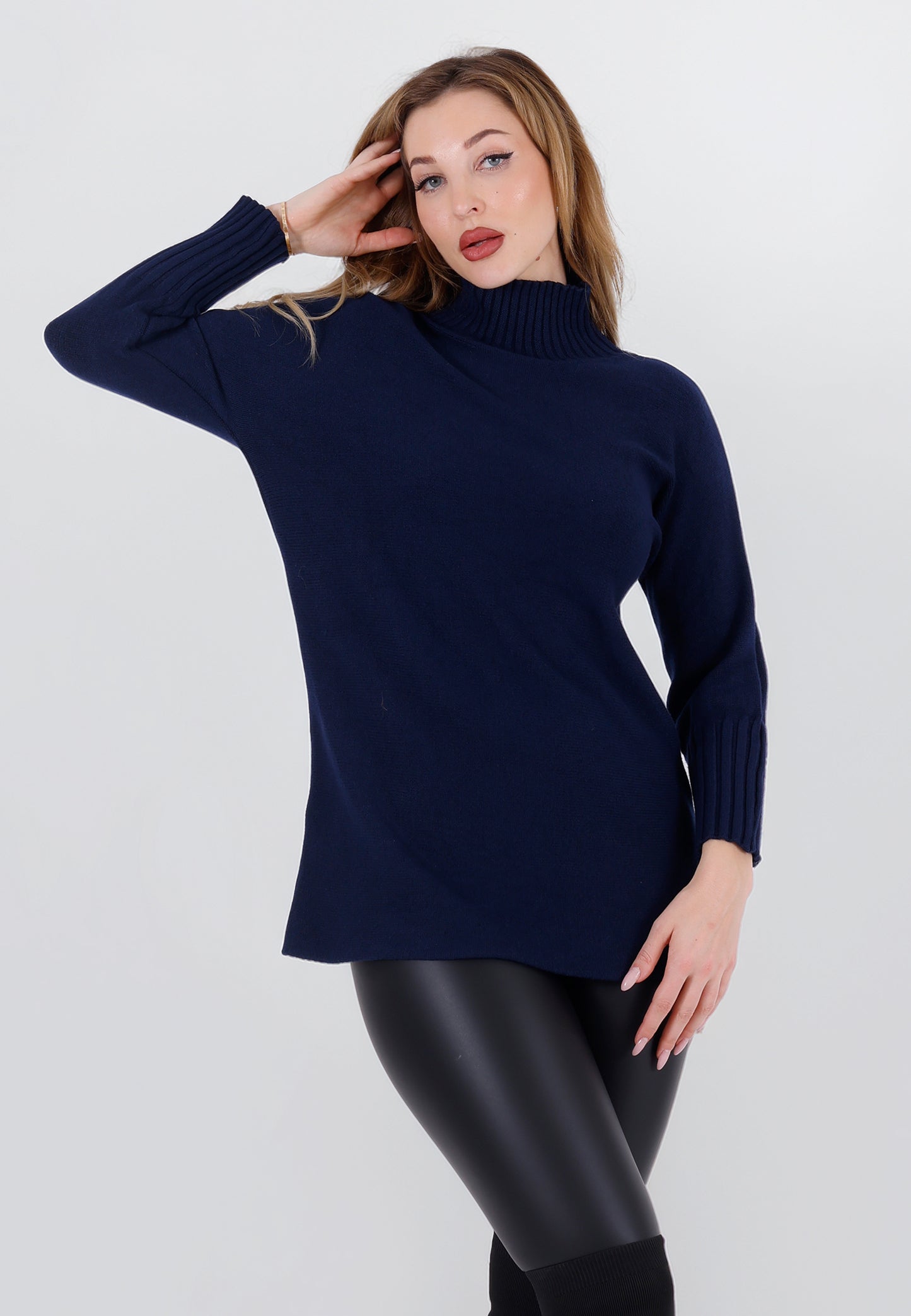 Strickpullover Feinstrick-Longpullover mit Stehkragen (One Size 34–42)