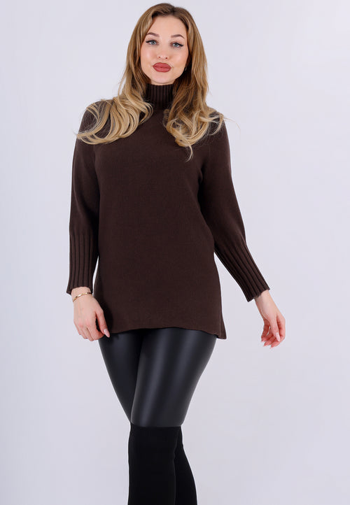 Strickpullover Feinstrick-Longpullover mit Stehkragen (One Size 34–42)