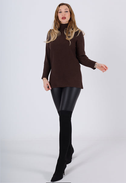 Strickpullover Feinstrick-Longpullover mit Stehkragen (One Size 34–42)