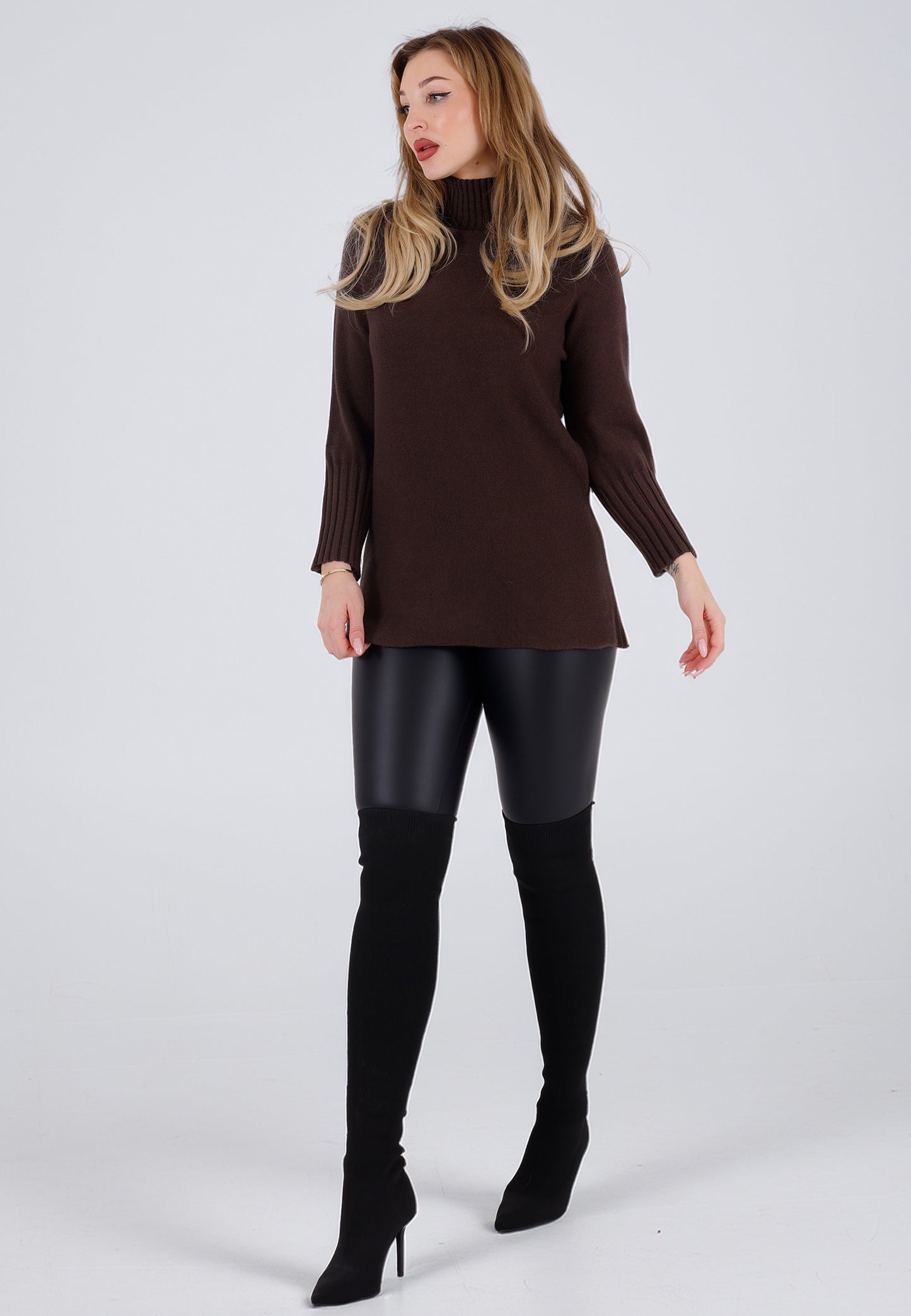 Strickpullover Feinstrick-Longpullover mit Stehkragen (One Size 34–42)