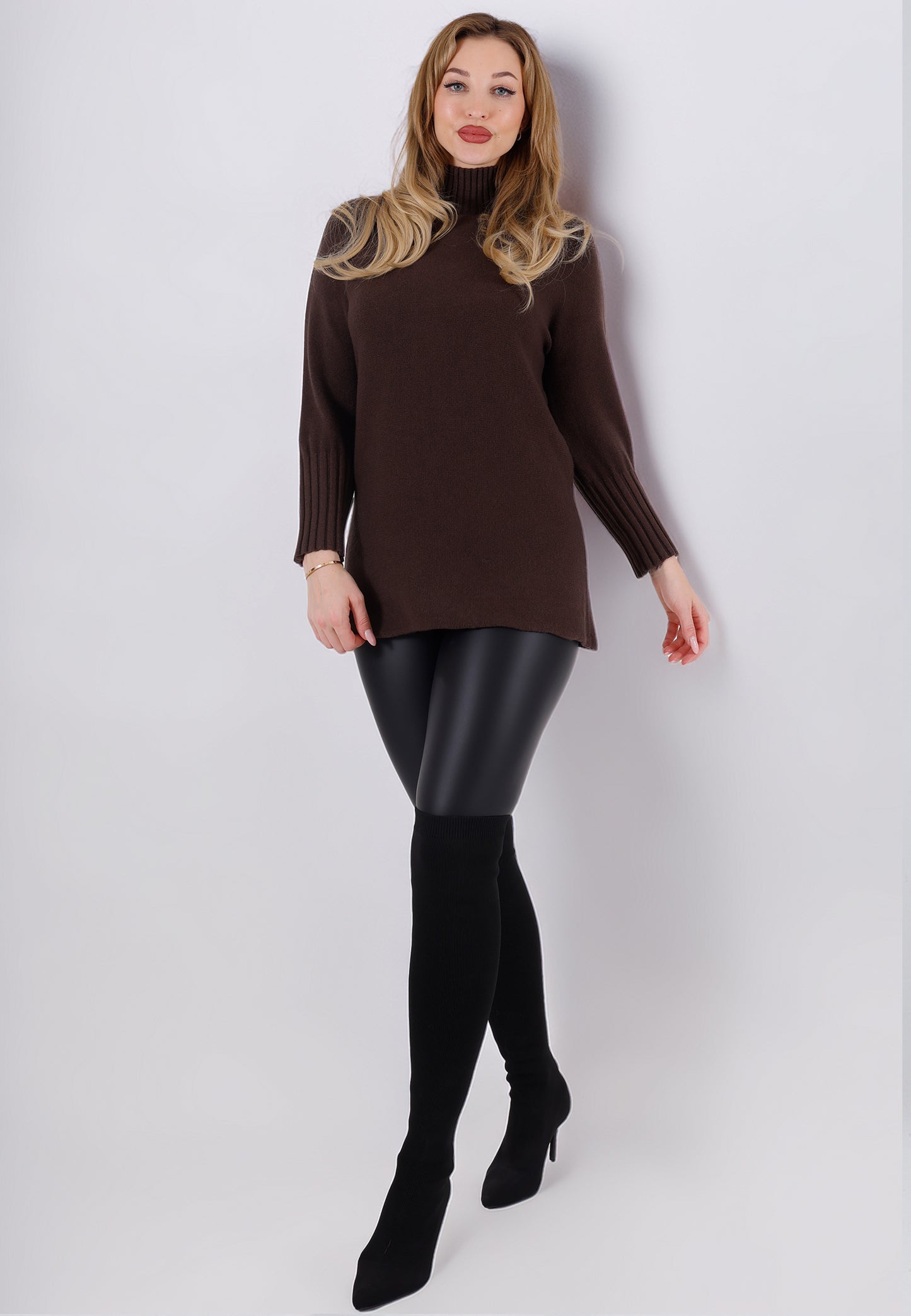 Strickpullover Feinstrick-Longpullover mit Stehkragen (One Size 34–42)