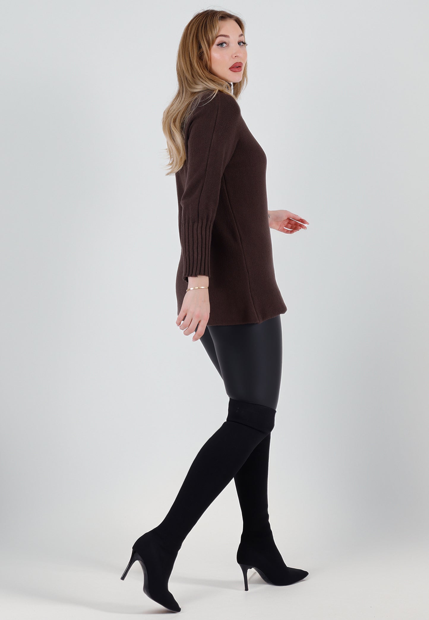 Strickpullover Feinstrick-Longpullover mit Stehkragen (One Size 34–42)