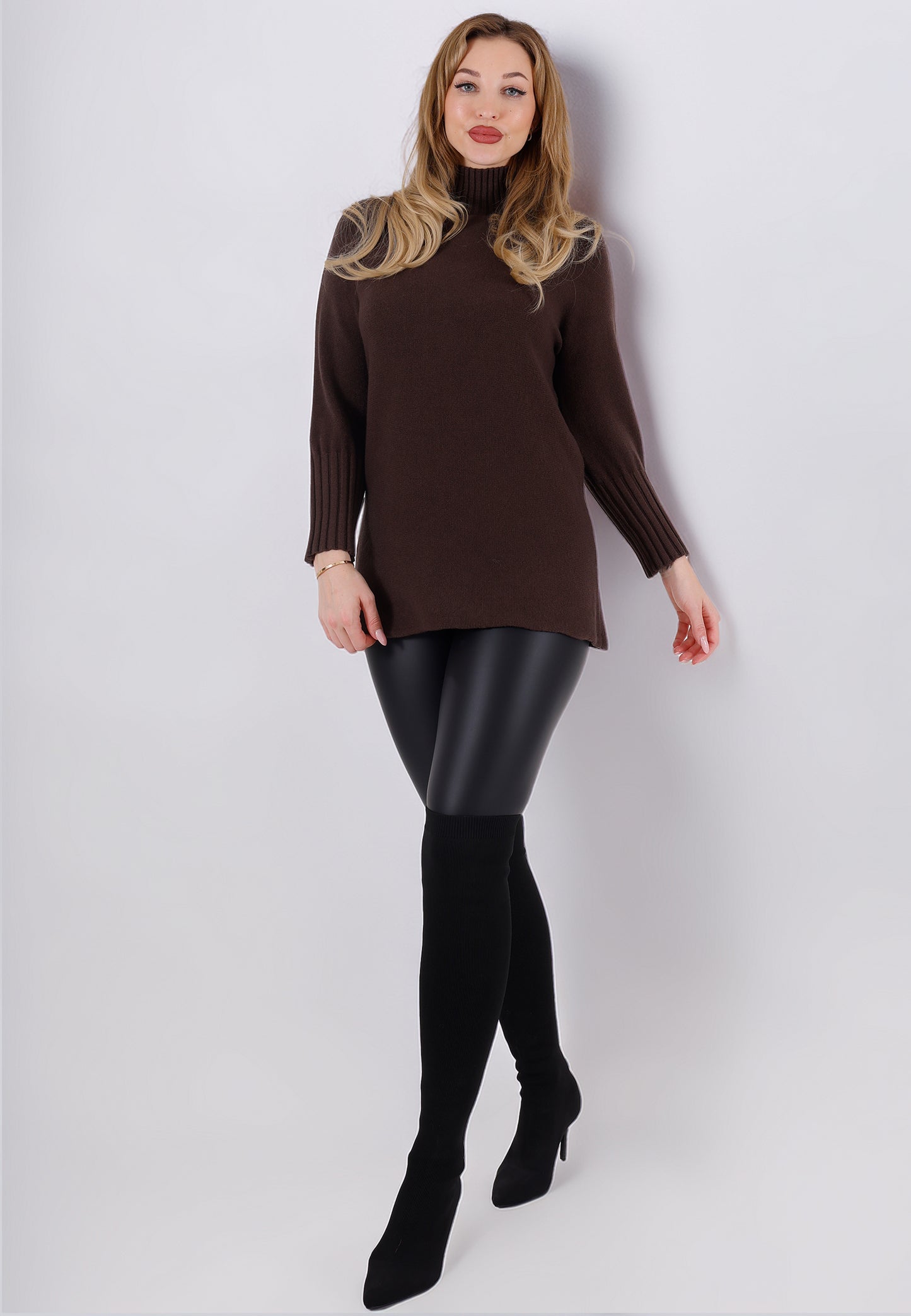 Strickpullover Feinstrick-Longpullover mit Stehkragen (One Size 34–42)