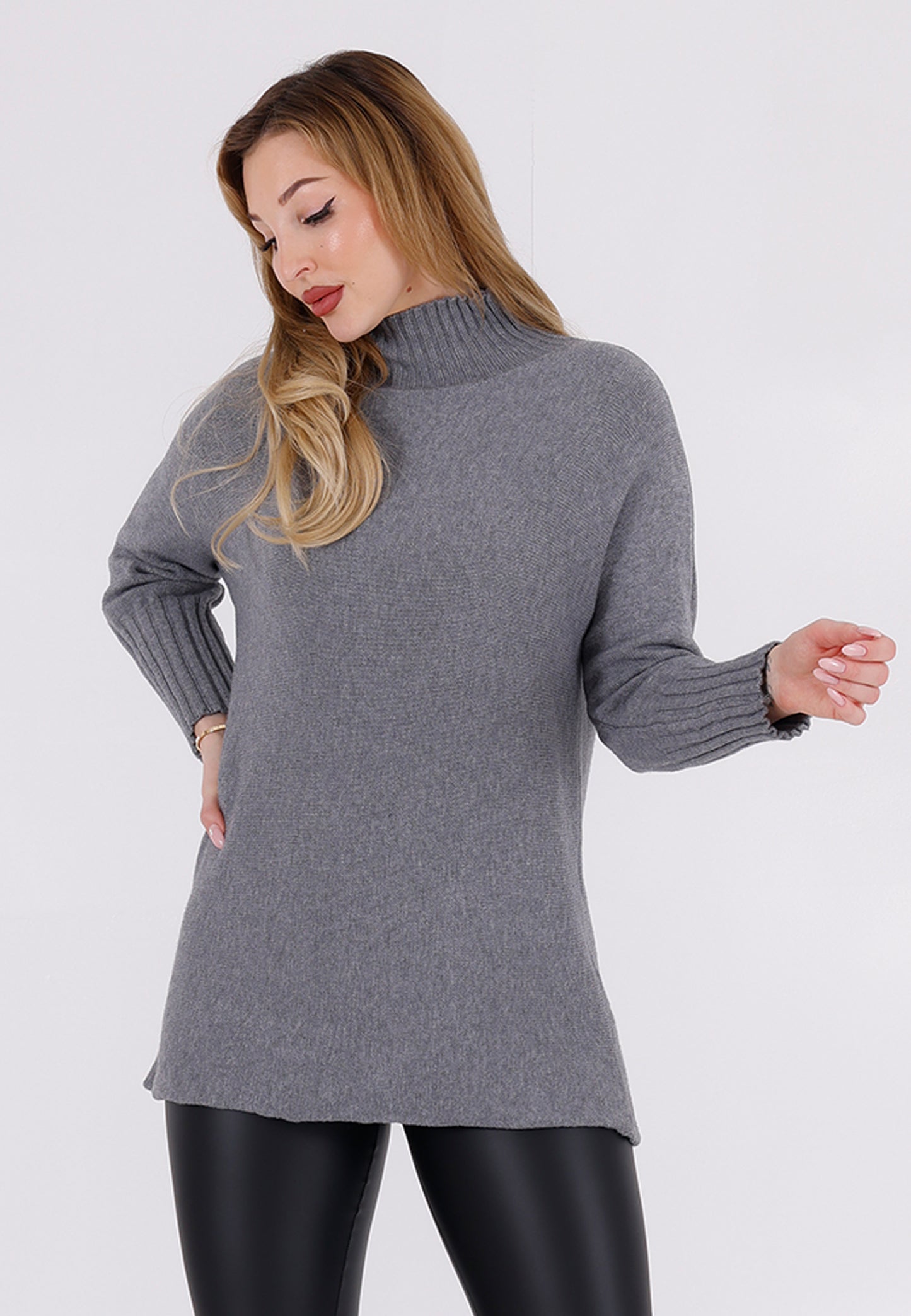 Strickpullover Feinstrick-Longpullover mit Stehkragen (One Size 34–42)