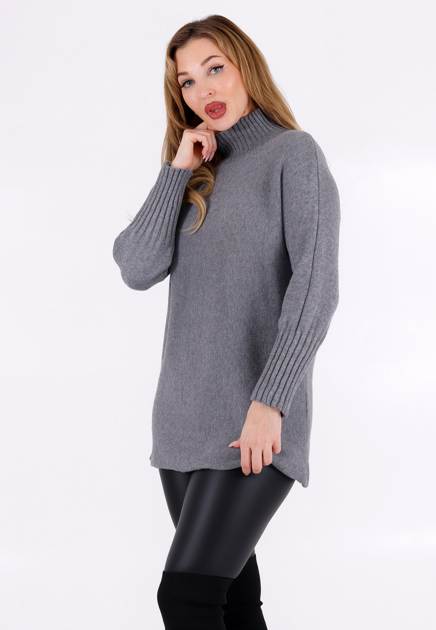 Strickpullover Feinstrick-Longpullover mit Stehkragen (One Size 34–42)