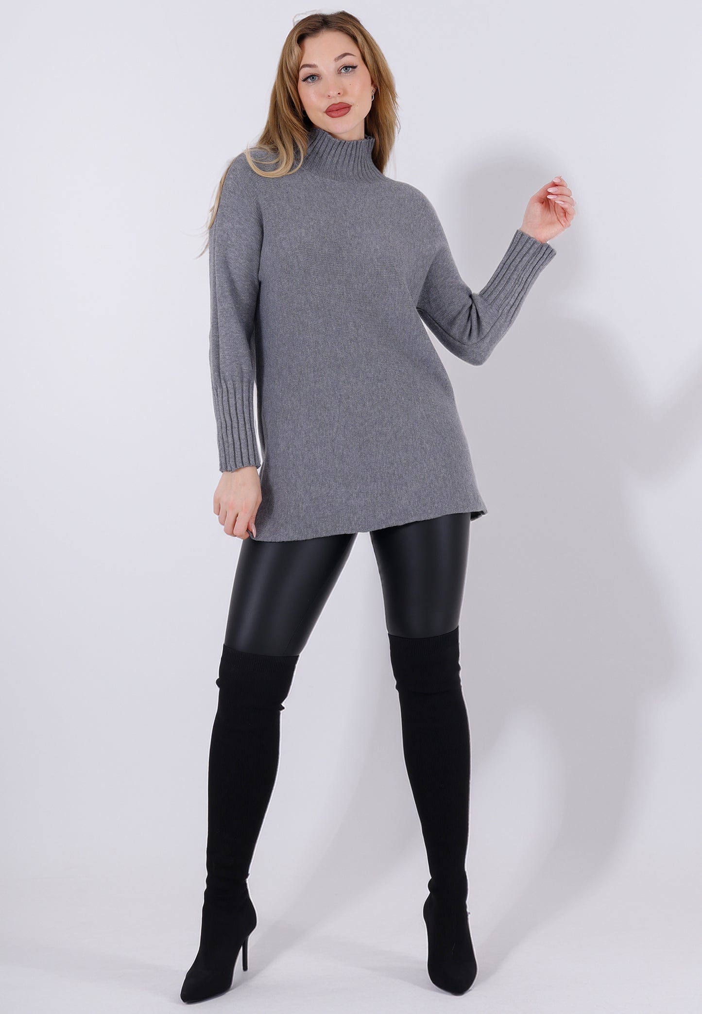 Strickpullover Feinstrick-Longpullover mit Stehkragen (One Size 34–42)