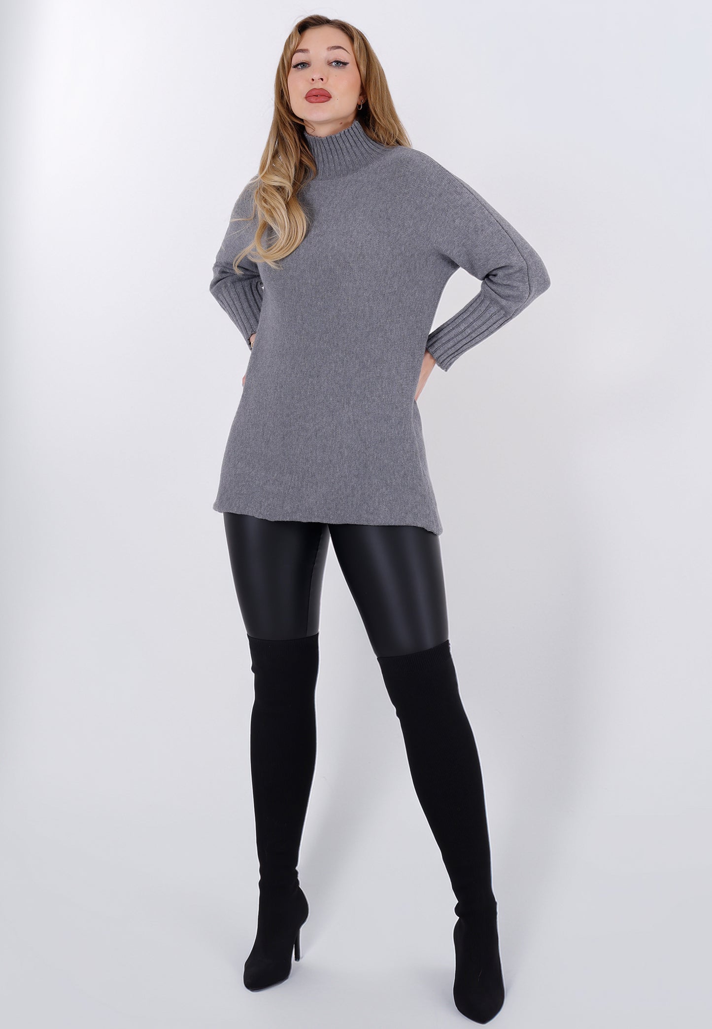 Strickpullover Feinstrick-Longpullover mit Stehkragen (One Size 34–42)