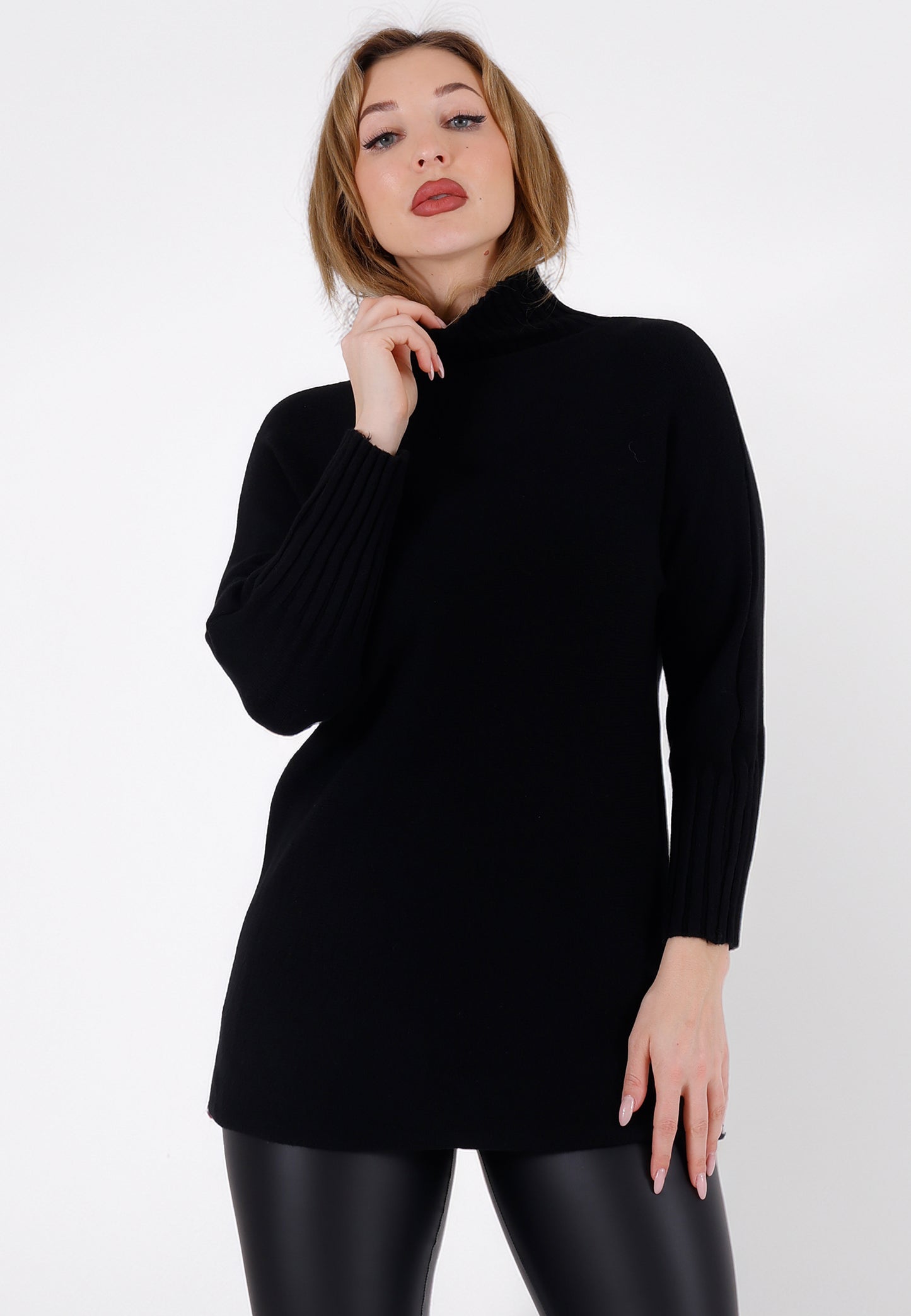 Strickpullover Feinstrick-Longpullover mit Stehkragen (One Size 34–42)