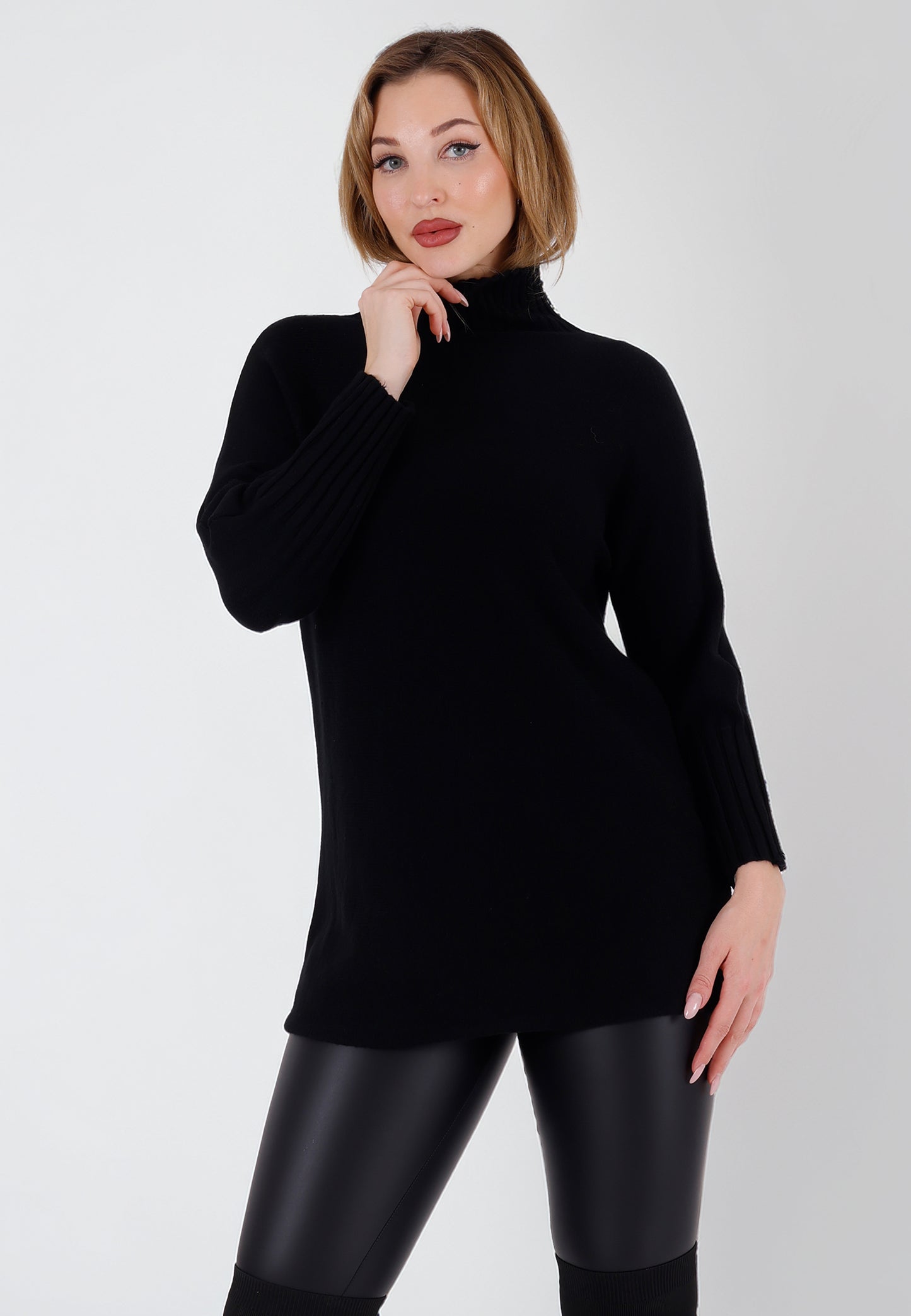 Strickpullover Feinstrick-Longpullover mit Stehkragen (One Size 34–42)