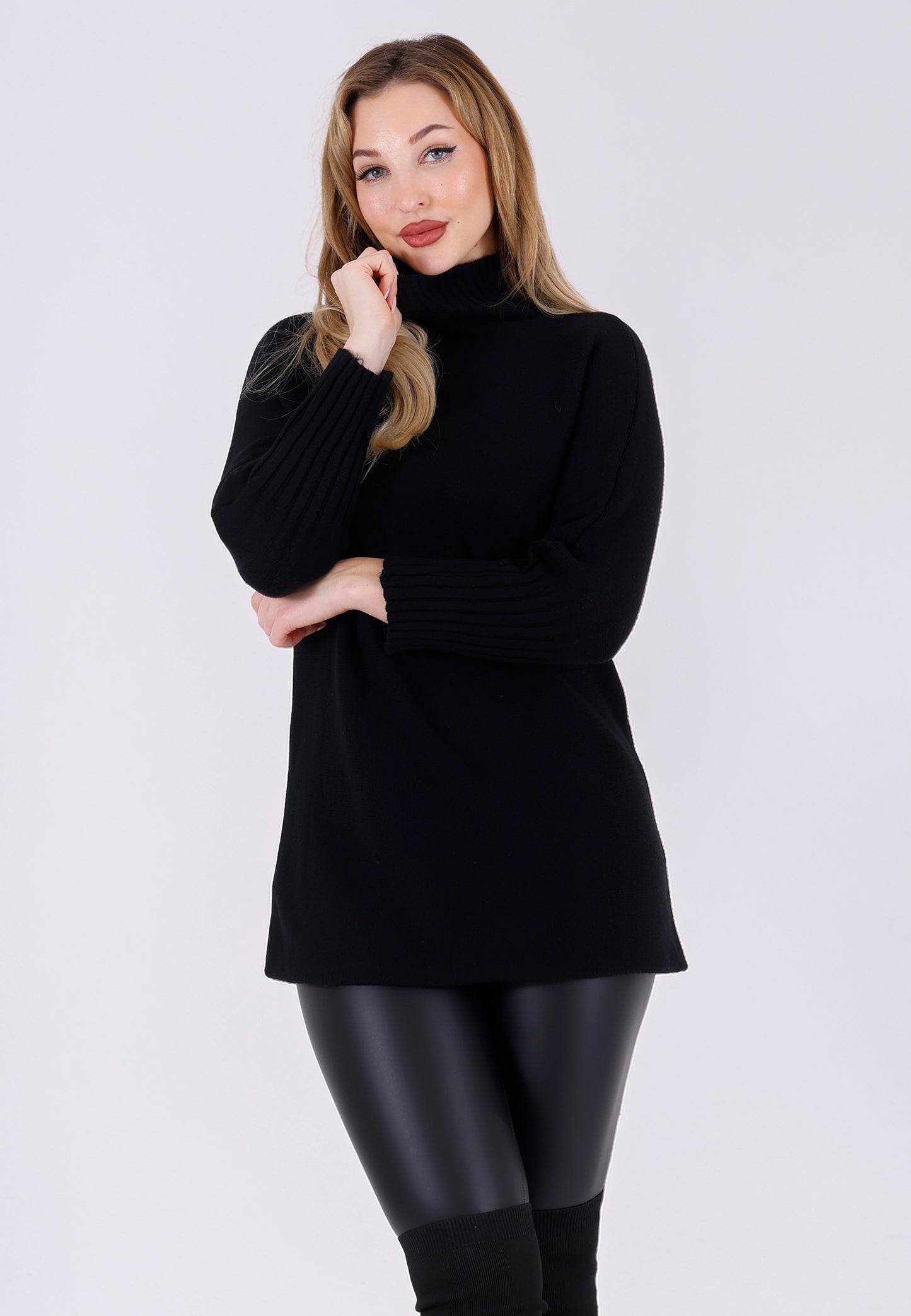 Strickpullover Feinstrick-Longpullover mit Stehkragen (One Size 34–42)